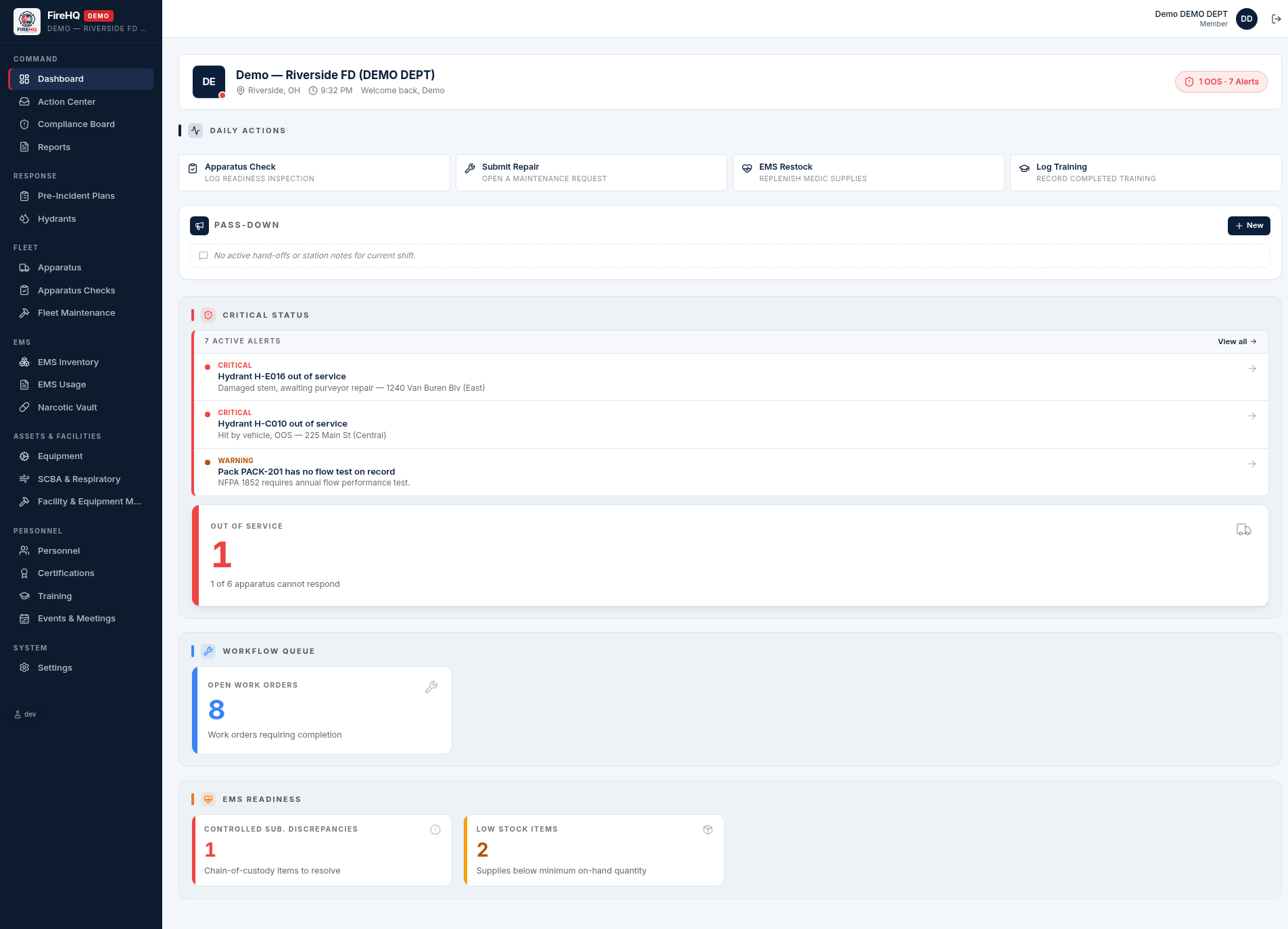 FireHQ Command Center dashboard with critical alerts, out-of-service apparatus, work orders, and EMS readiness